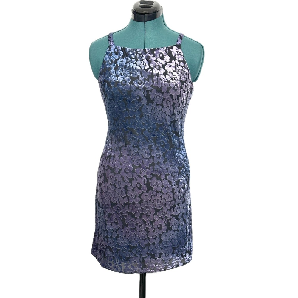 Roberta Dress Floral Velvet Burnout Mini Medium Purple Blue 90s Vintage Bodycon